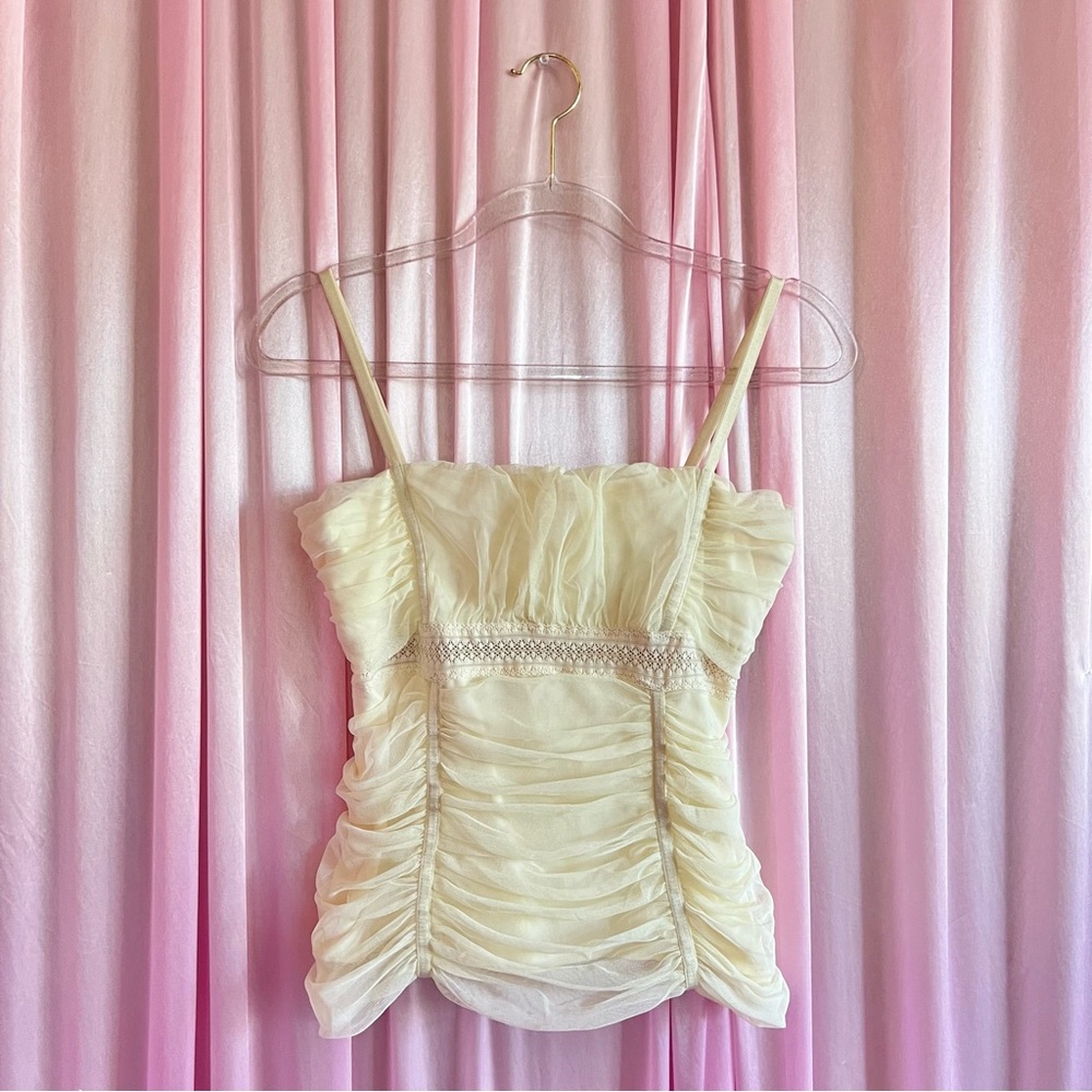 Cache Cream Ruched Mesh Milkmaid Tank sz Large